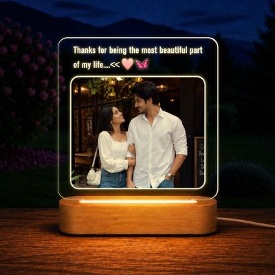 Personalized Couple Acrylic LED Lamp with Wooden Base Gift for Birthday, Anniversary, Valentines Day, Husband Wife Memorable Gift for Couples  Long Distance Couple Gift